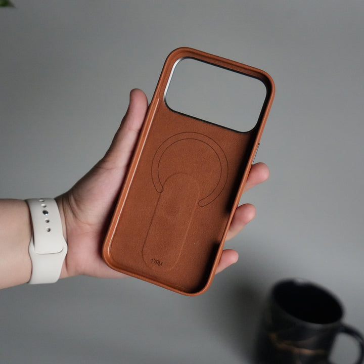 iPhone 17 Pro max Premium Leather-Texture Back Case with Metal Kickstand