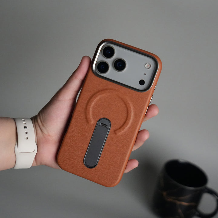 iPhone 17 Pro max Premium Leather-Texture Back Case with Metal Kickstand