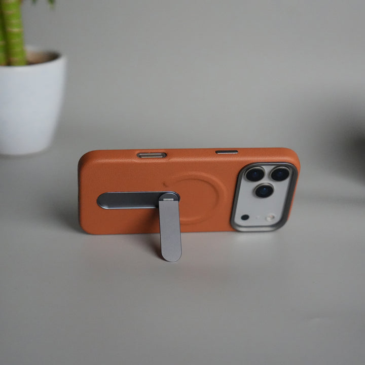 iPhone 17 Pro max Premium Leather-Texture Back Case with Metal Kickstand