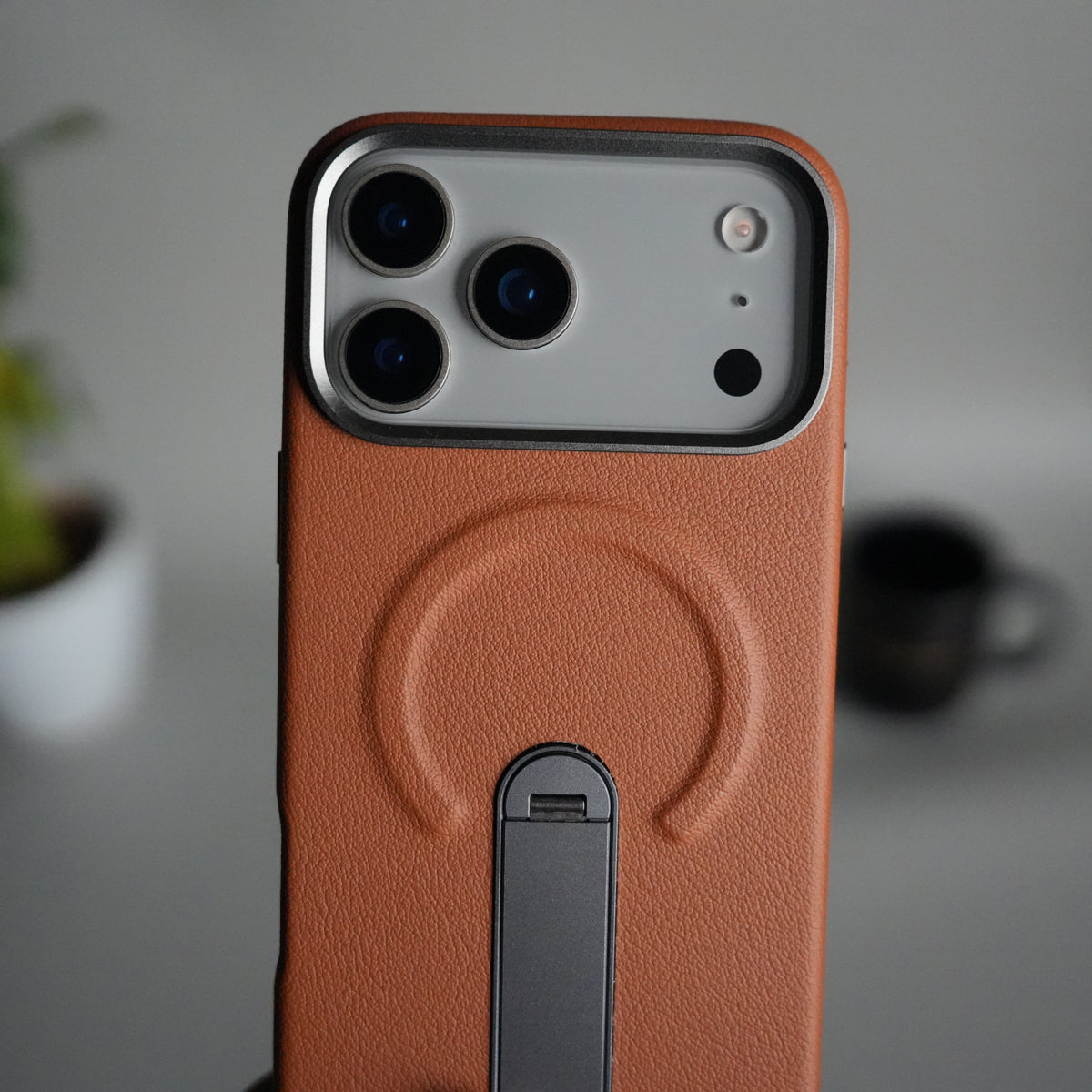 iPhone 17 Pro max Premium Leather-Texture Back Case with Metal Kickstand