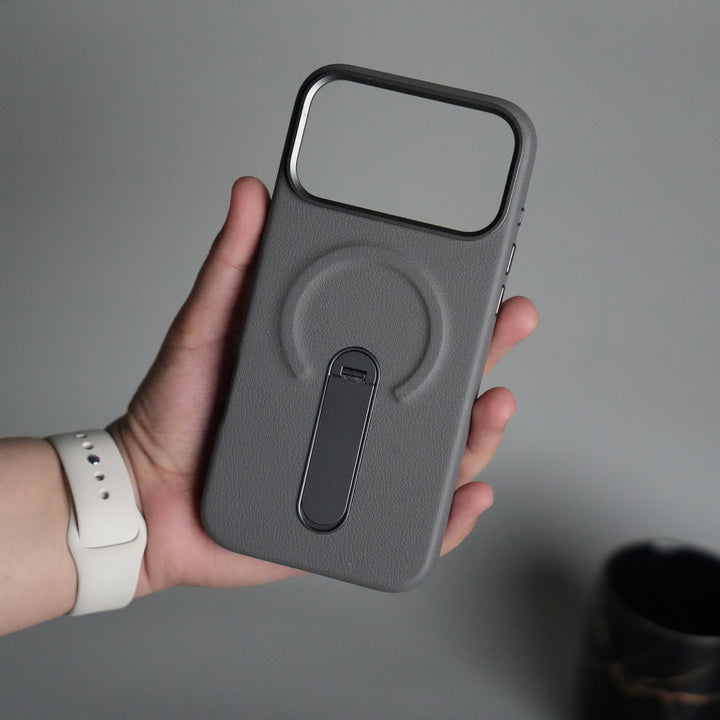 iPhone 17 Pro max Premium Leather-Texture Back Case with Metal Kickstand