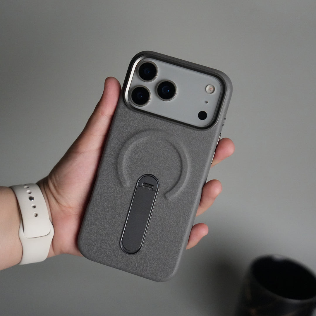 iPhone 17 Pro max Premium Leather-Texture Back Case with Metal Kickstand