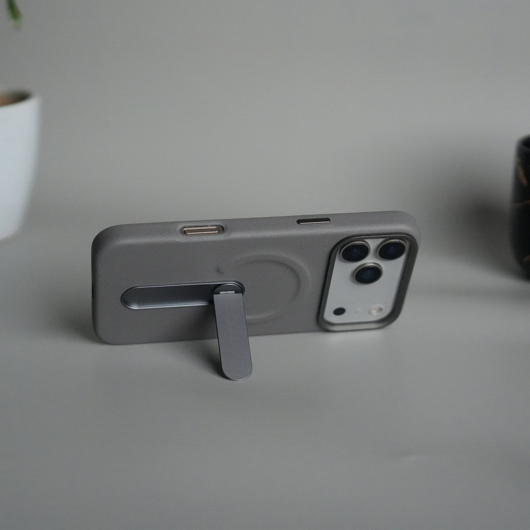 iPhone 17 Pro max Premium Leather-Texture Back Case with Metal Kickstand