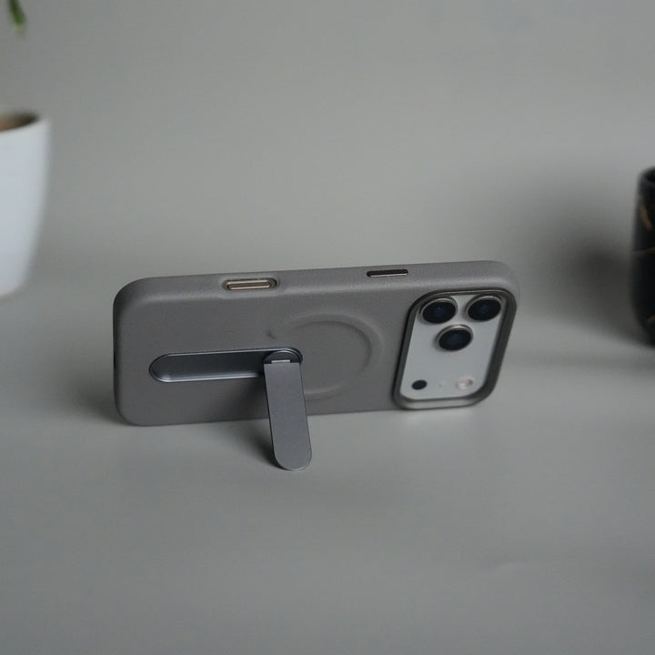 iPhone 17 Pro max Premium Leather-Texture Back Case with Metal Kickstand