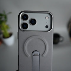 iPhone 17 Pro max Premium Leather-Texture Back Case with Metal Kickstand