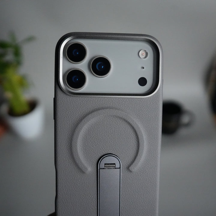 iPhone 17 Pro max Premium Leather-Texture Back Case with Metal Kickstand