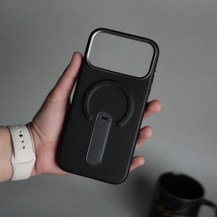 iPhone 17 Pro max Premium Leather-Texture Back Case with Metal Kickstand