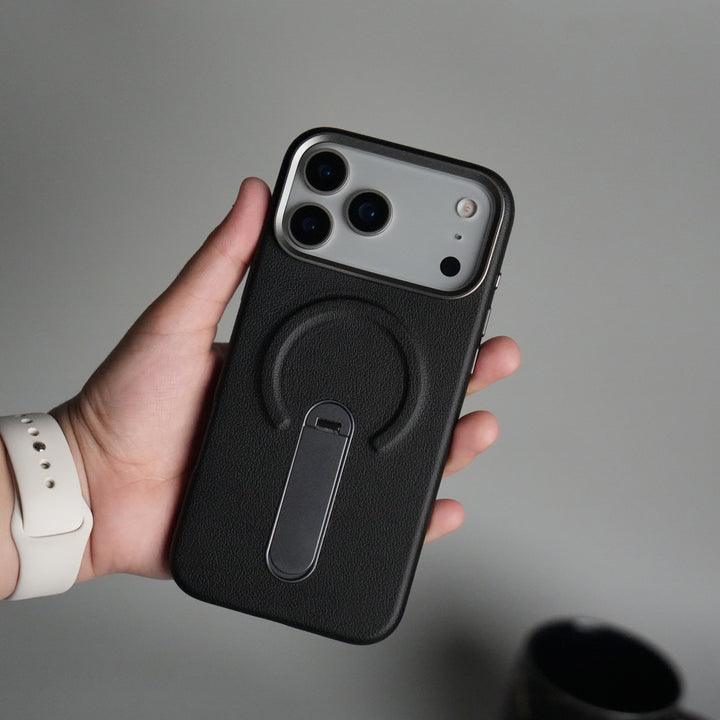 iPhone 17 Pro max Premium Leather-Texture Back Case with Metal Kickstand