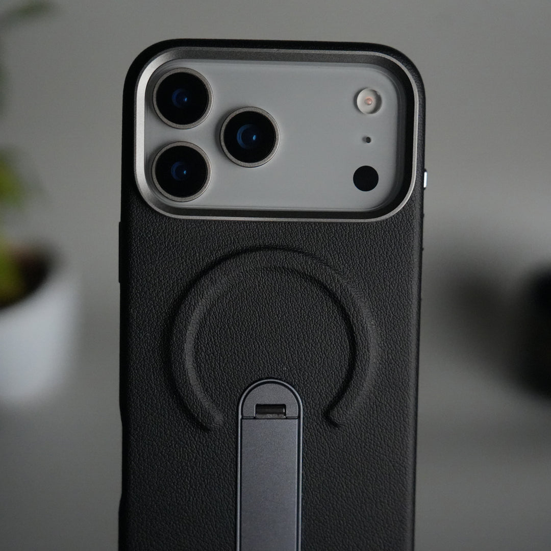 iPhone 17 Pro max Premium Leather-Texture Back Case with Metal Kickstand