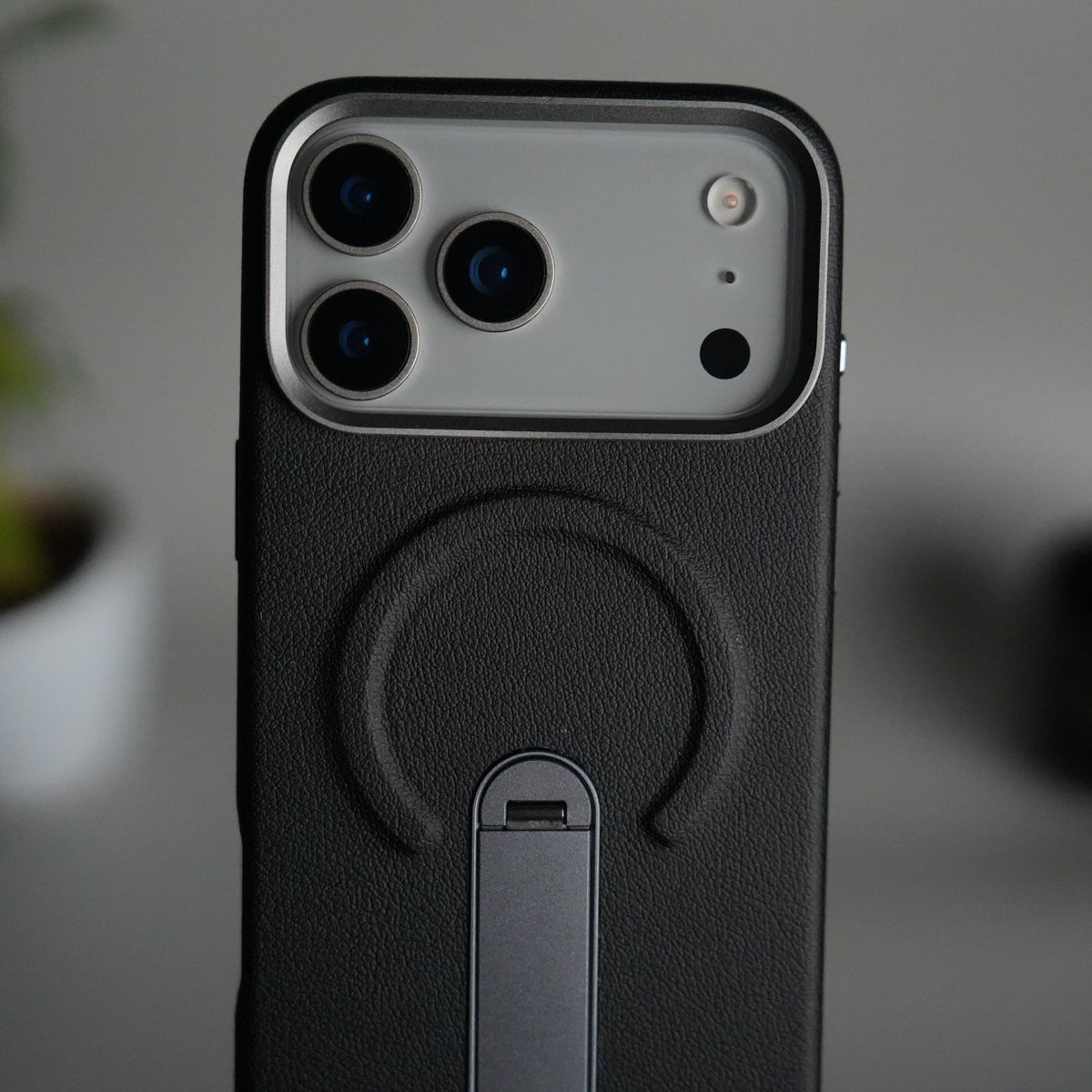 iPhone 17 Pro max Premium Leather-Texture Back Case with Metal Kickstand