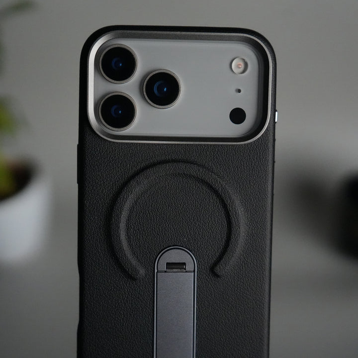 iPhone 17 Pro max Premium Leather-Texture Back Case with Metal Kickstand