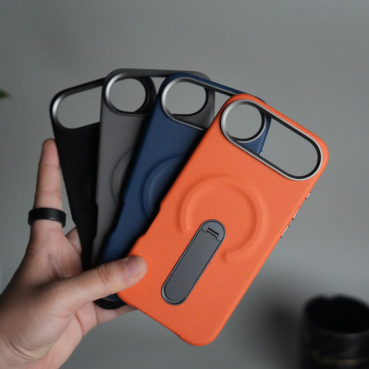 iPhone 17 Air Premium Leather-Texture Back Case with Metal Kickstand | Shockproof Cover