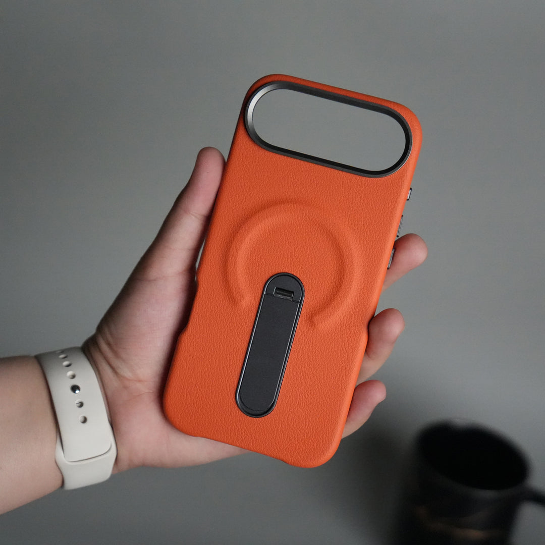 iPhone 17 Air Premium Leather-Texture Back Case with Metal Kickstand | Shockproof Cover