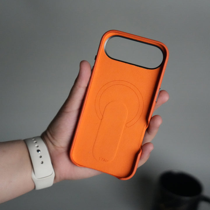 iPhone 17 Air Premium Leather-Texture Back Case with Metal Kickstand | Shockproof Cover