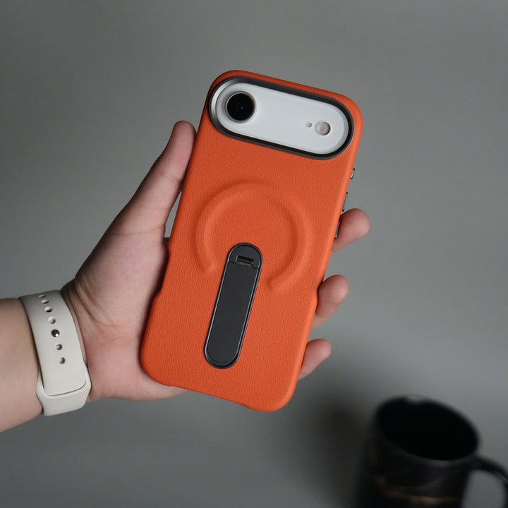 iPhone 17 Air Premium Leather-Texture Back Case with Metal Kickstand | Shockproof Cover