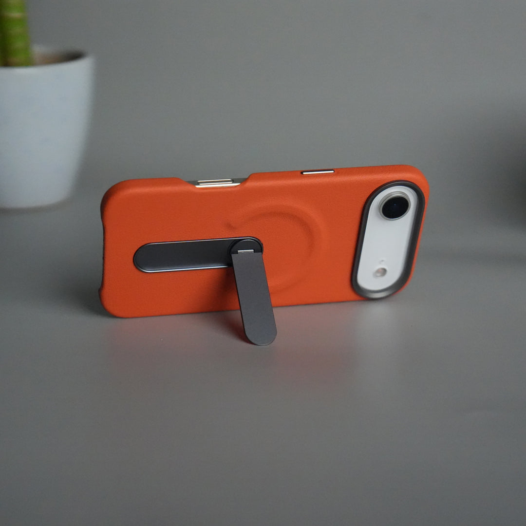 iPhone 17 Air Premium Leather-Texture Back Case with Metal Kickstand | Shockproof Cover