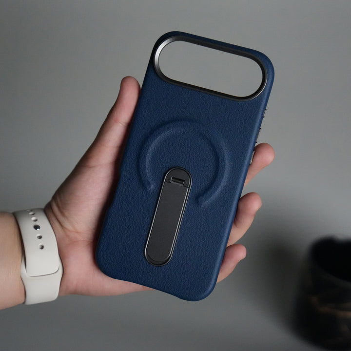 iPhone 17 Air Premium Leather-Texture Back Case with Metal Kickstand | Shockproof Cover