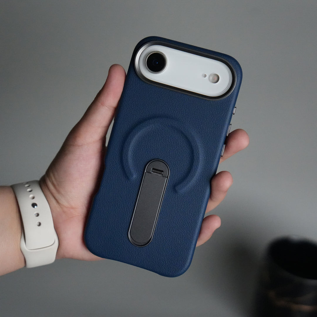 iPhone 17 Air Premium Leather-Texture Back Case with Metal Kickstand | Shockproof Cover