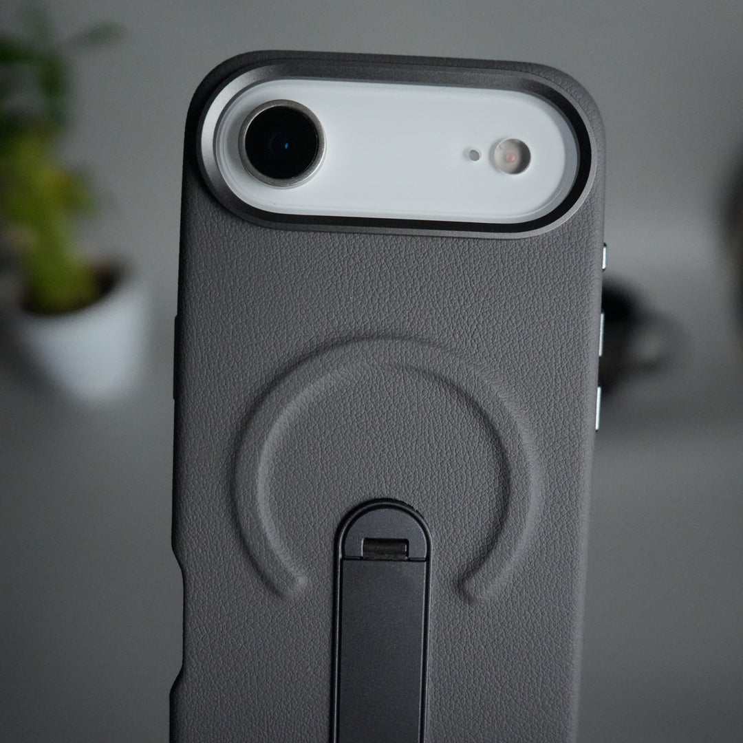 iPhone 17 Air Premium Leather-Texture Back Case with Metal Kickstand | Shockproof Cover