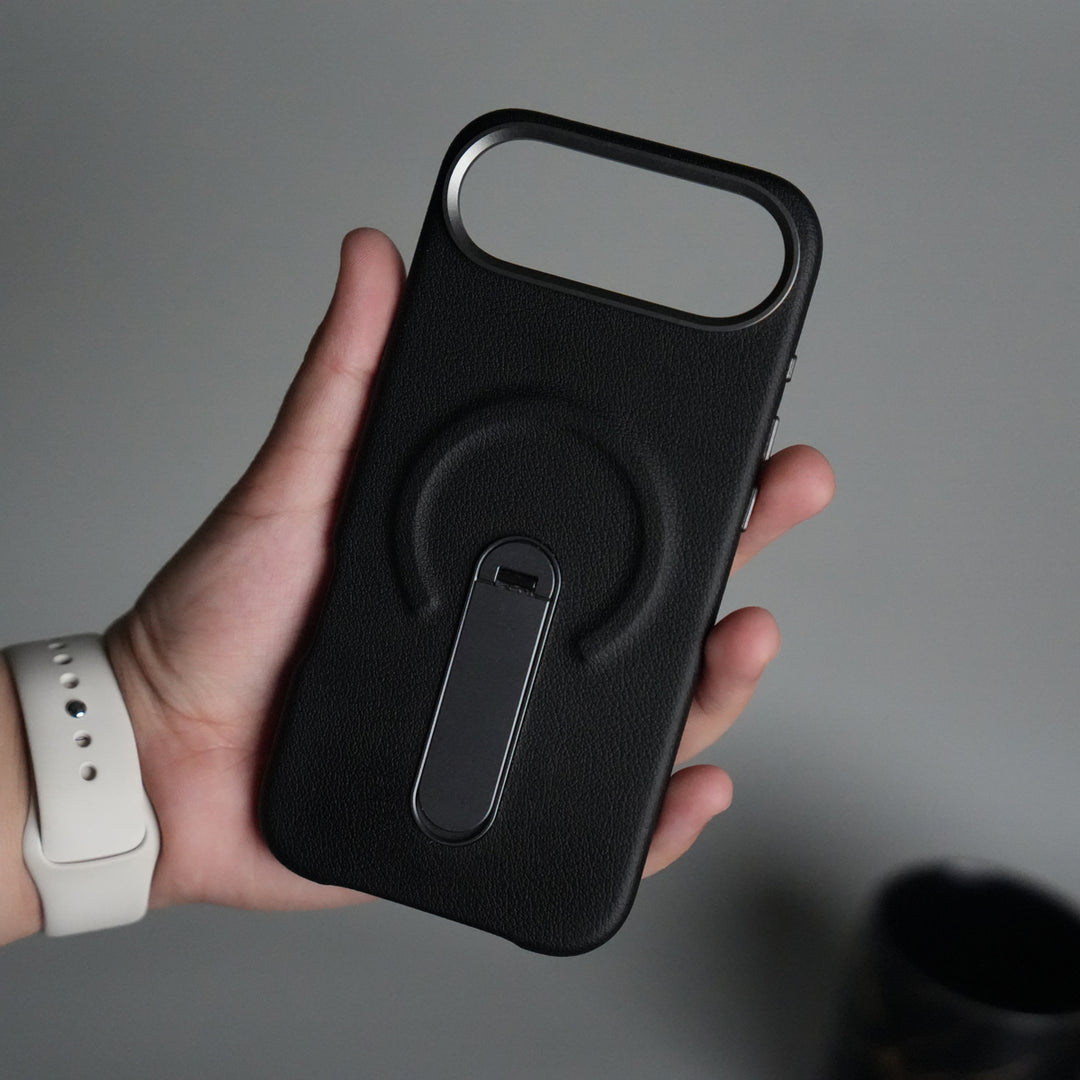 iPhone 17 Air Premium Leather-Texture Back Case with Metal Kickstand | Shockproof Cover