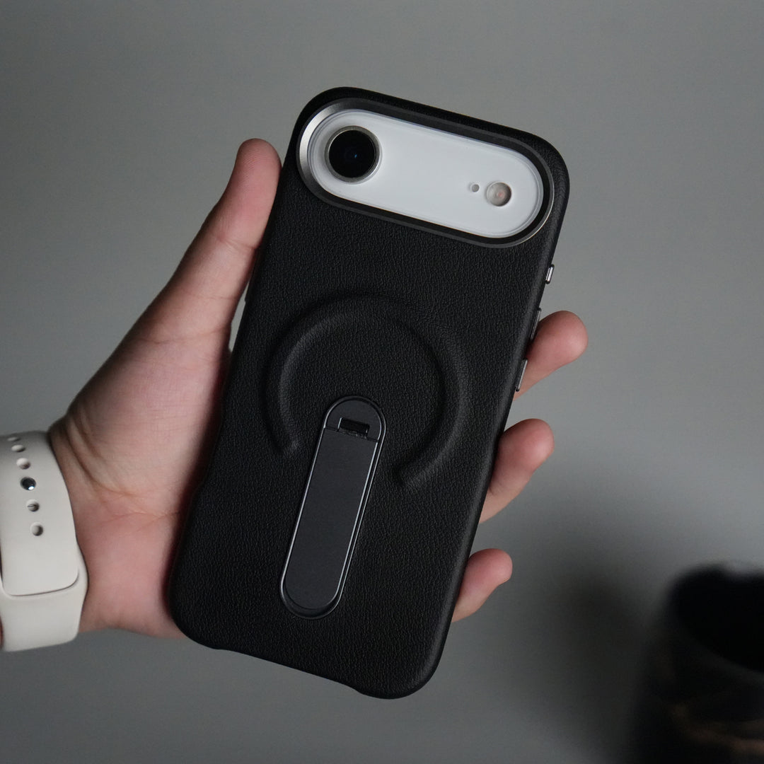 iPhone 17 Air Premium Leather-Texture Back Case with Metal Kickstand | Shockproof Cover