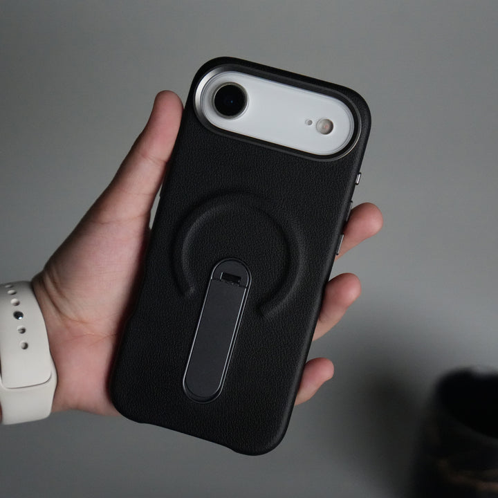 iPhone 17 Air Premium Leather-Texture Back Case with Metal Kickstand | Shockproof Cover