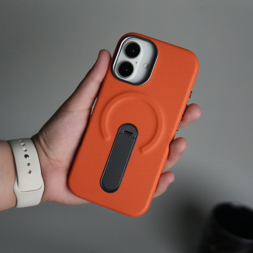 iPhone 17 Premium Leather-Texture Back Case with Metal Kickstand | Shockproof Cover