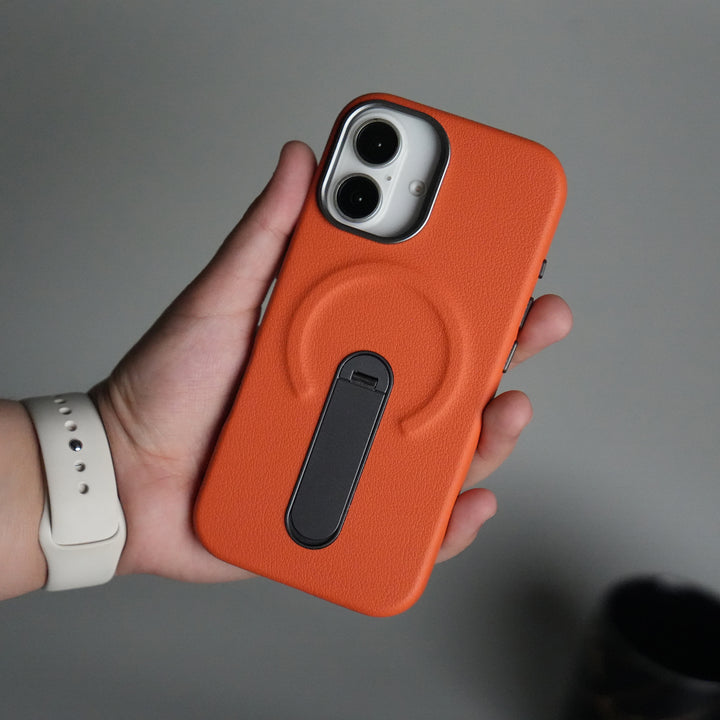 iPhone 17 Premium Leather-Texture Back Case with Metal Kickstand | Shockproof Cover