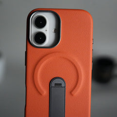 iPhone 17 Premium Leather-Texture Back Case with Metal Kickstand | Shockproof Cover