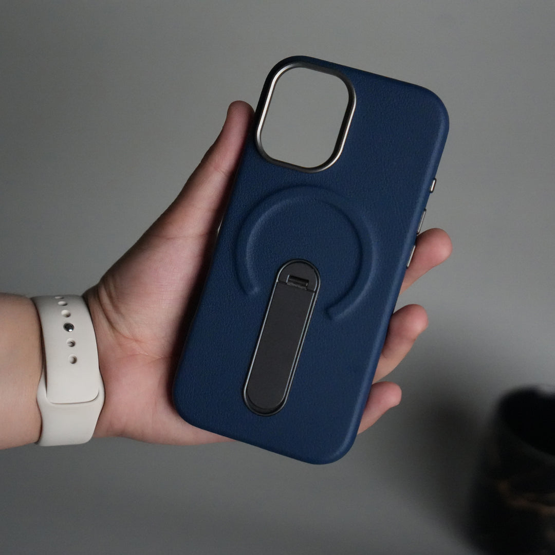 iPhone 17 Premium Leather-Texture Back Case with Metal Kickstand | Shockproof Cover