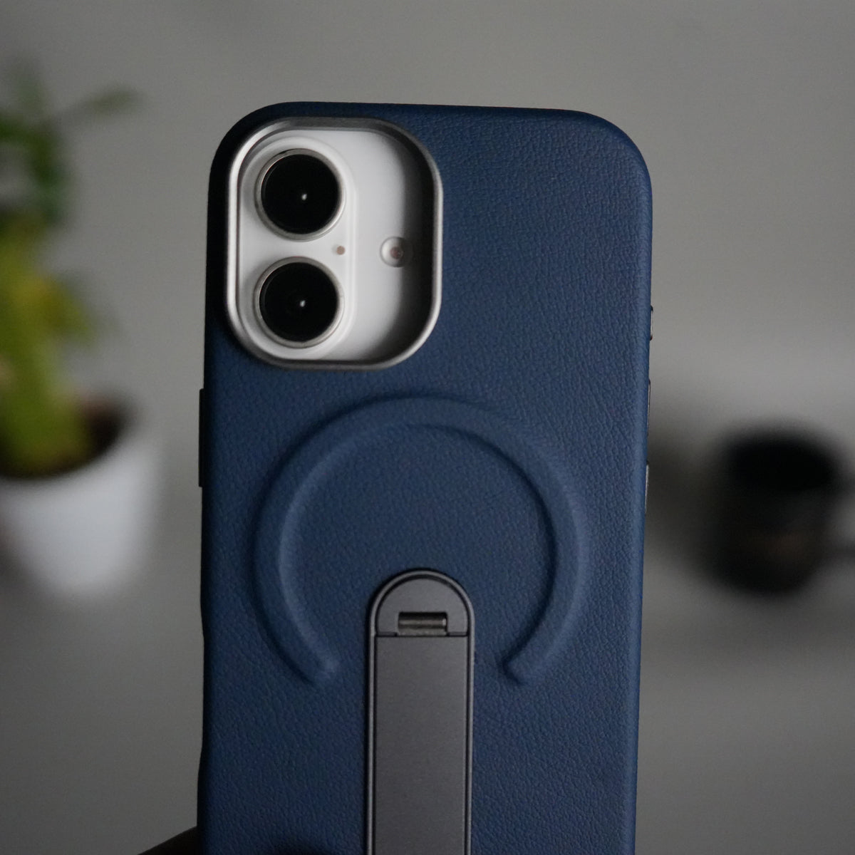 iPhone 17 Premium Leather-Texture Back Case with Metal Kickstand | Shockproof Cover