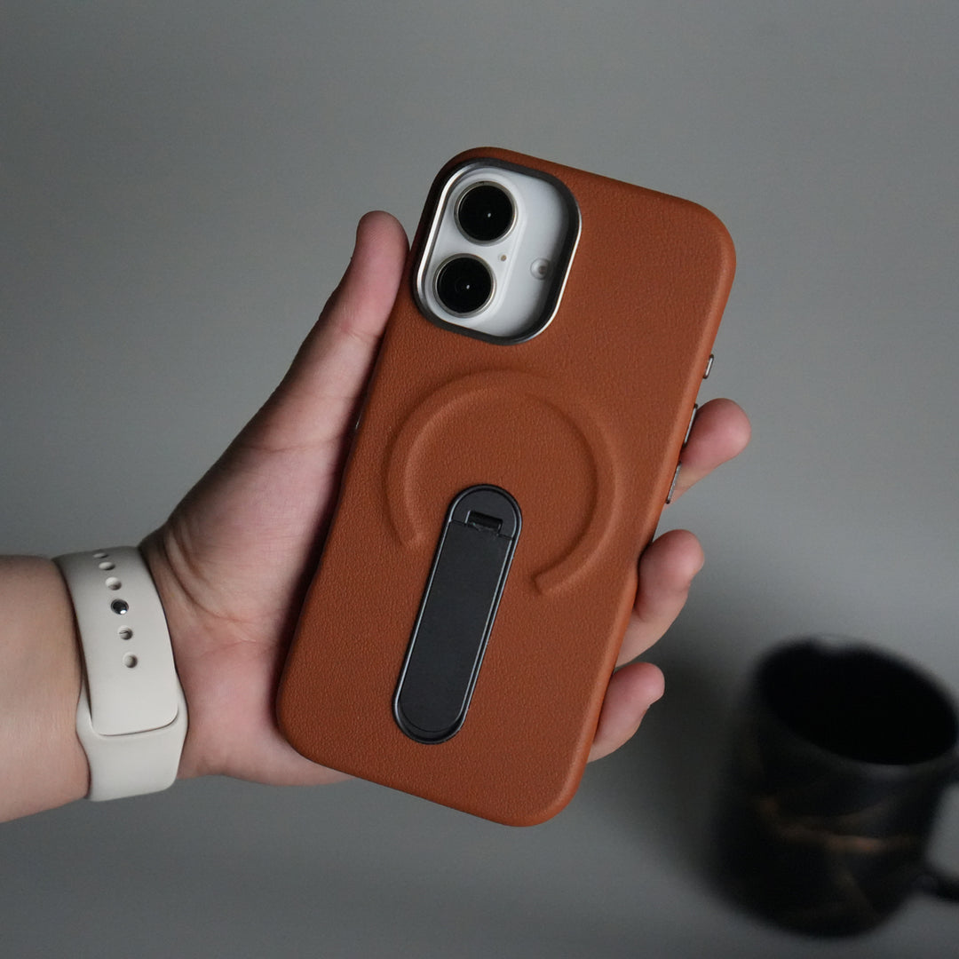 iPhone 17 Premium Leather-Texture Back Case with Metal Kickstand | Shockproof Cover