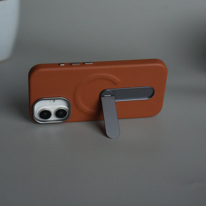 iPhone 17 Premium Leather-Texture Back Case with Metal Kickstand | Shockproof Cover