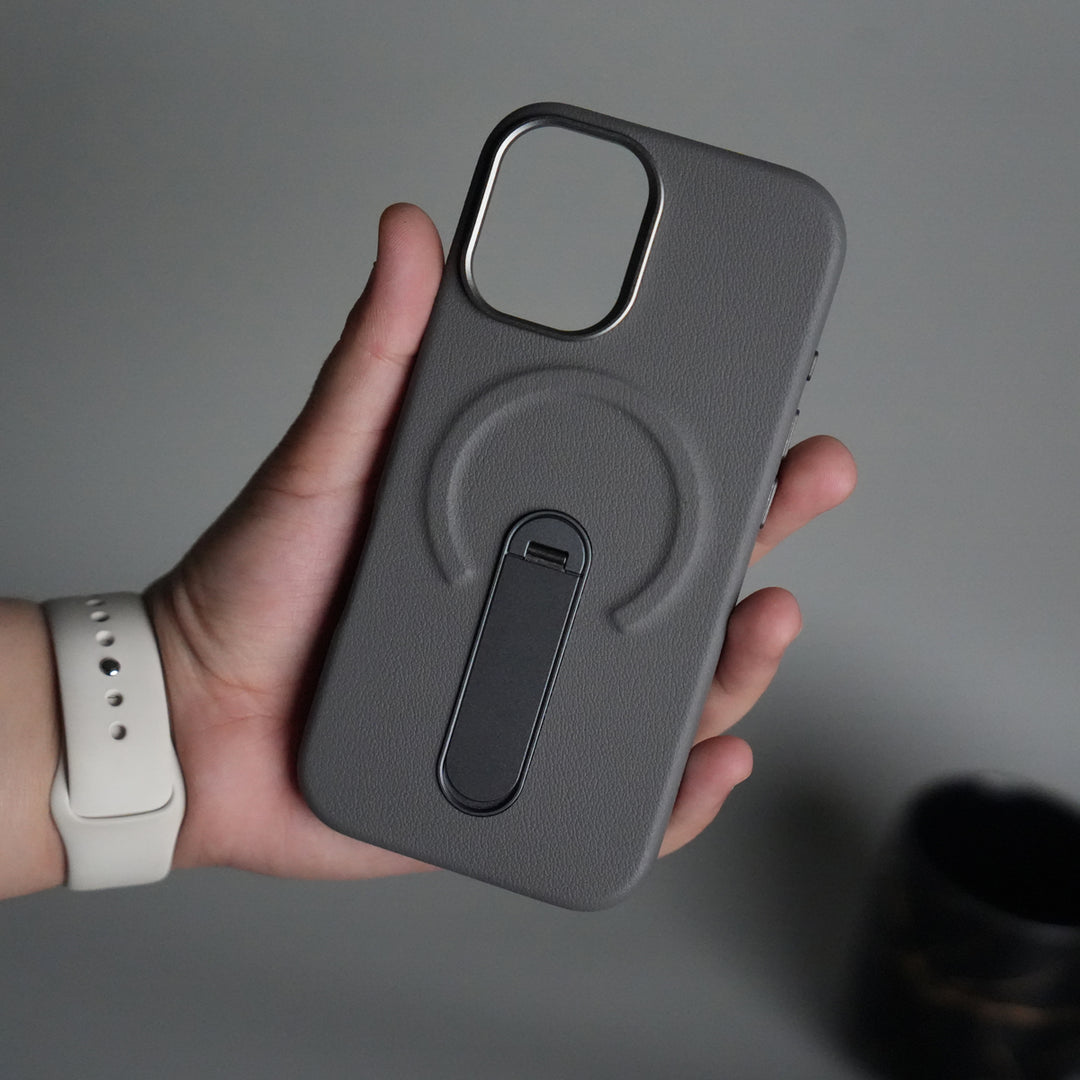 iPhone 17 Premium Leather-Texture Back Case with Metal Kickstand | Shockproof Cover