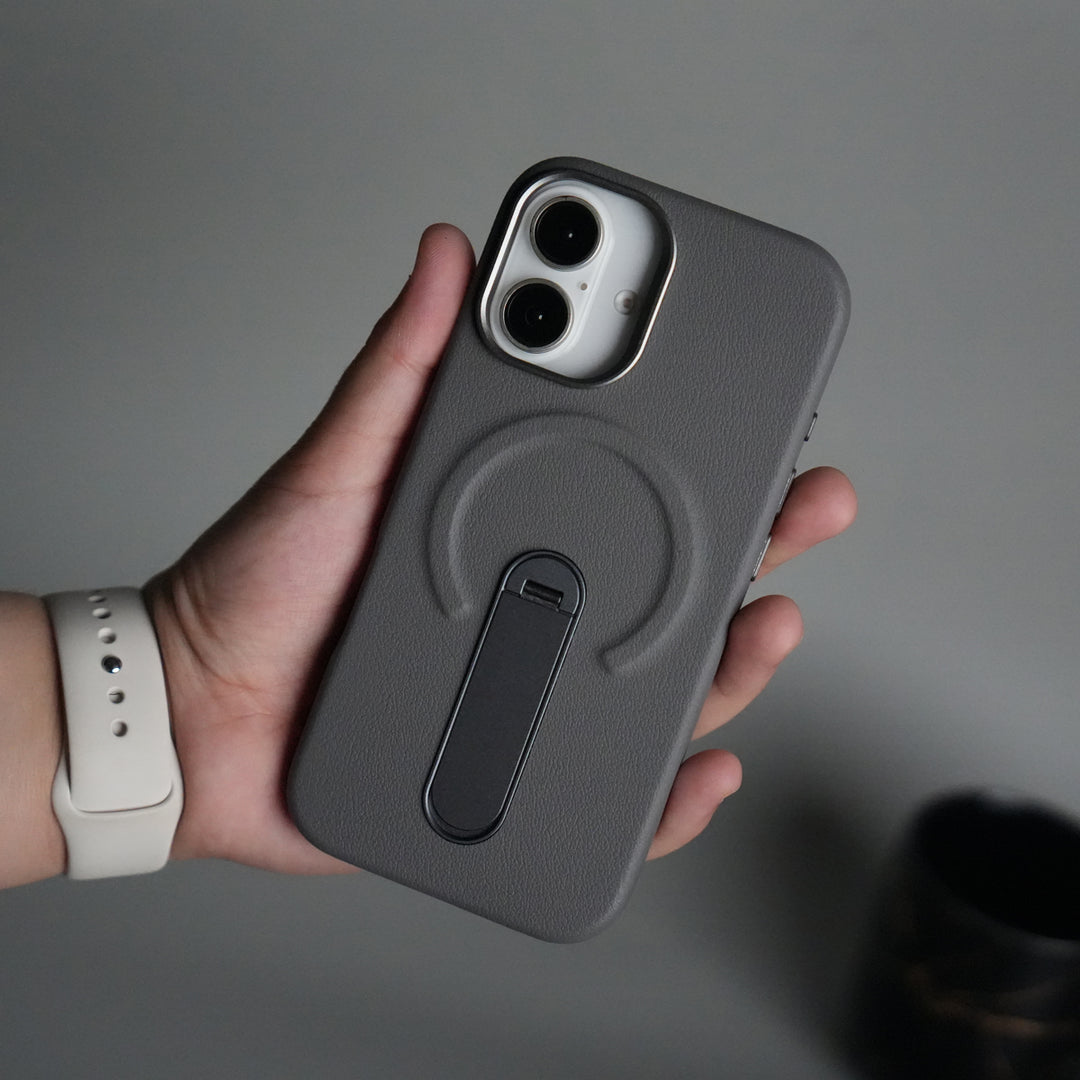 iPhone 17 Premium Leather-Texture Back Case with Metal Kickstand | Shockproof Cover