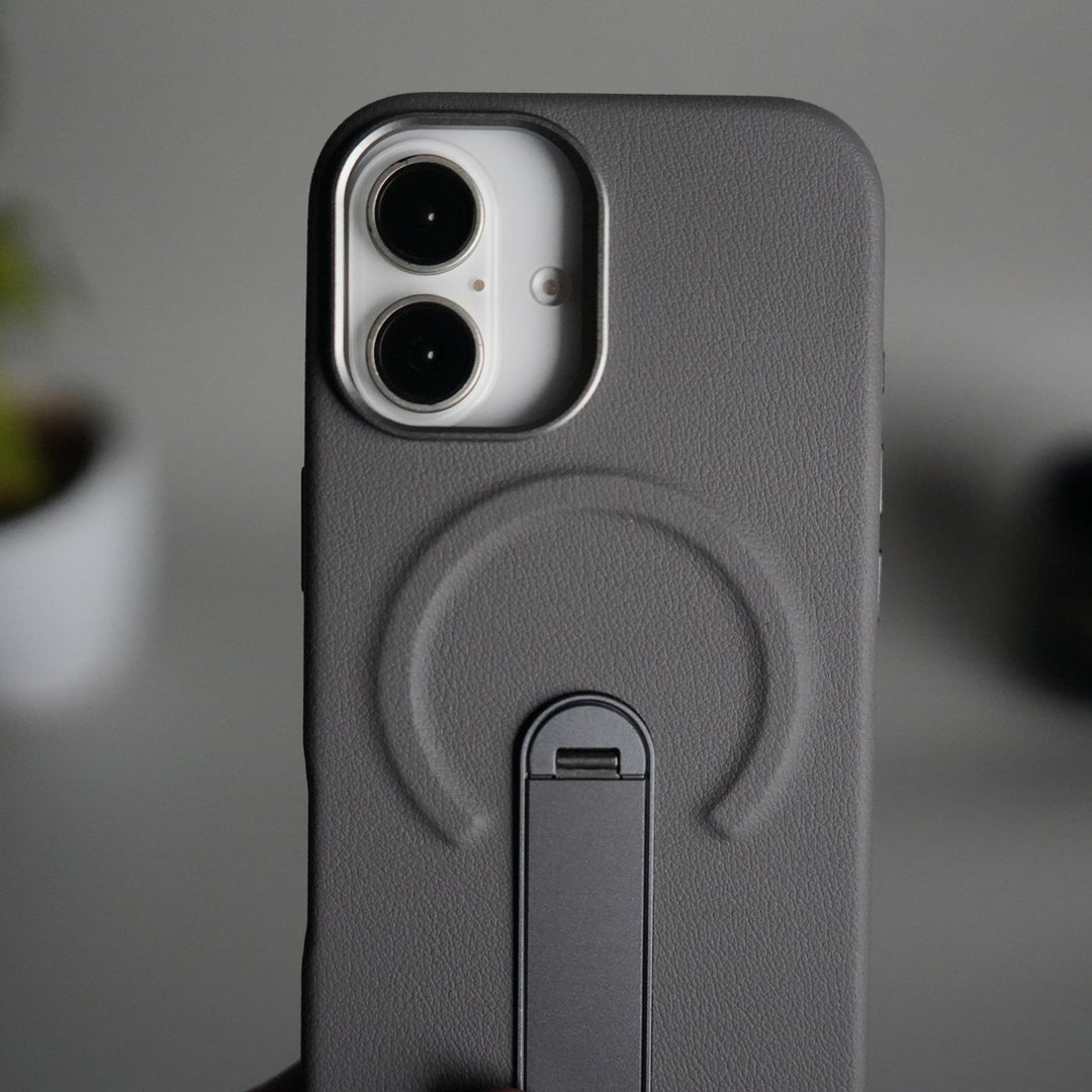 iPhone 17 Premium Leather-Texture Back Case with Metal Kickstand | Shockproof Cover