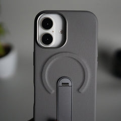 iPhone 17 Premium Leather-Texture Back Case with Metal Kickstand | Shockproof Cover