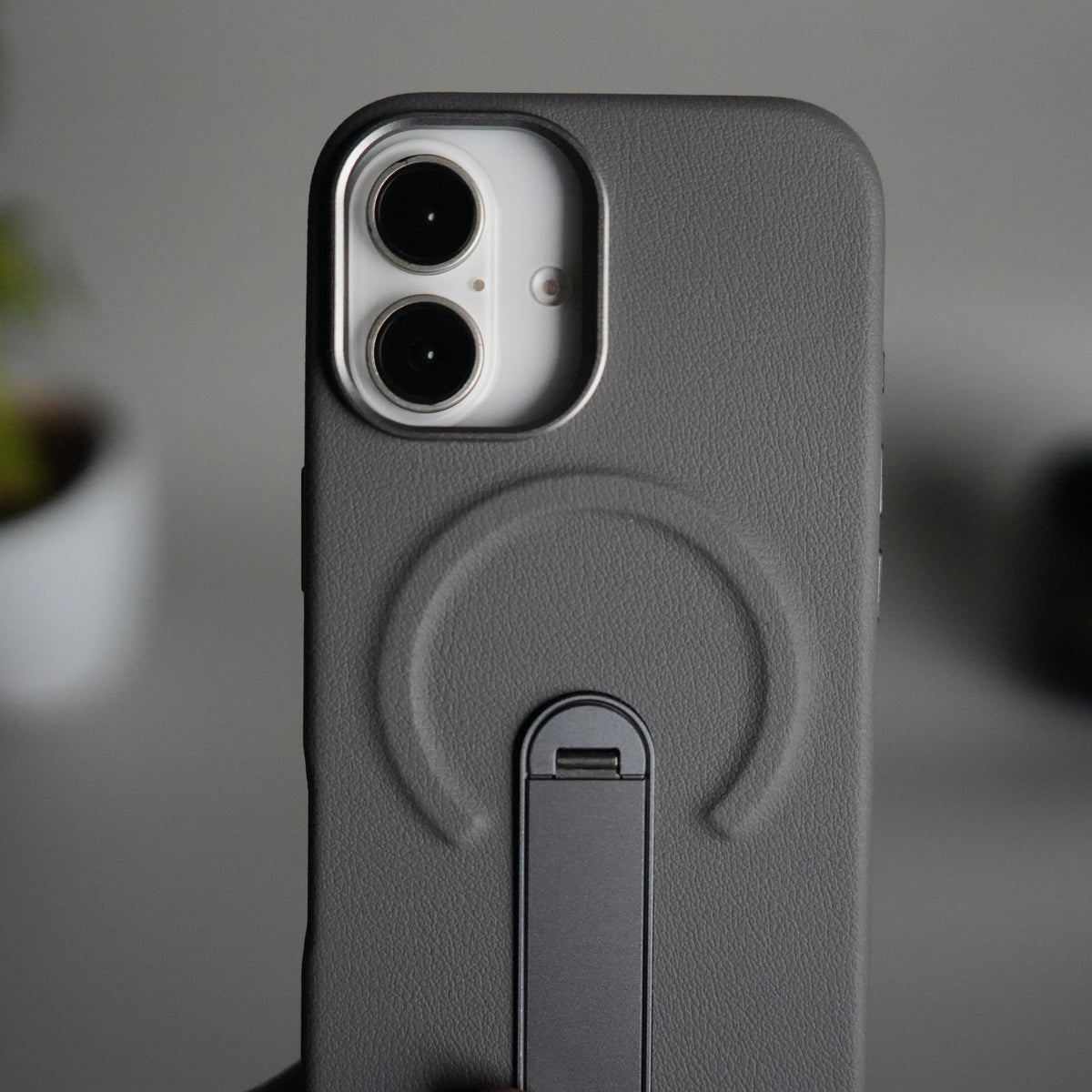 iPhone 17 Premium Leather-Texture Back Case with Metal Kickstand | Shockproof Cover