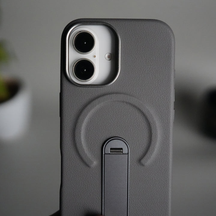 iPhone 17 Premium Leather-Texture Back Case with Metal Kickstand | Shockproof Cover