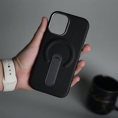 iPhone 17 Premium Leather-Texture Back Case with Metal Kickstand | Shockproof Cover