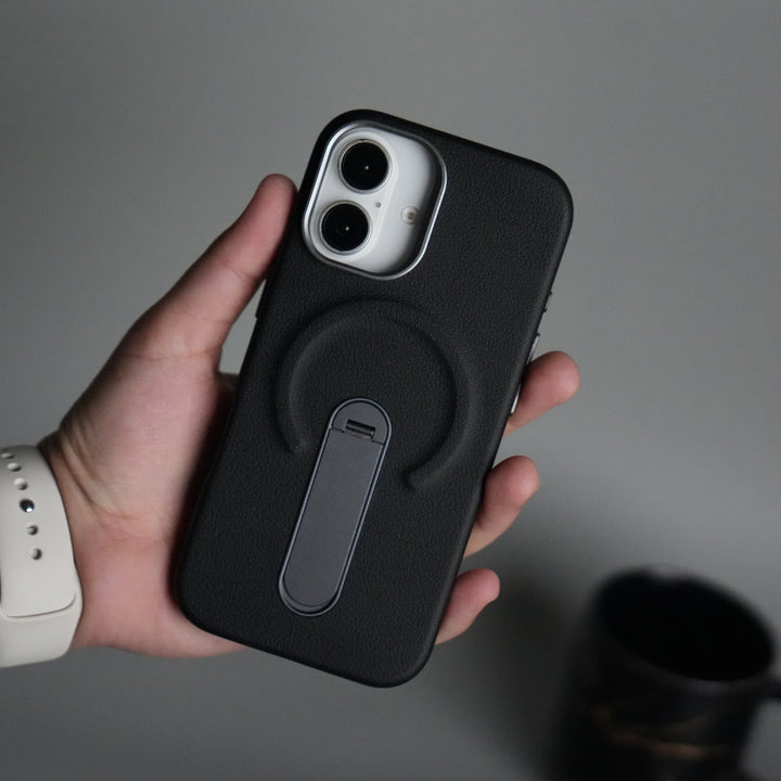 iPhone 17 Premium Leather-Texture Back Case with Metal Kickstand | Shockproof Cover
