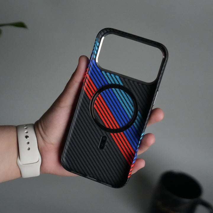 iPhone 17 Pro Max Carbon Fiber Texture Design Hard Pc MagSafe Case Cover (Cross Blue Red)