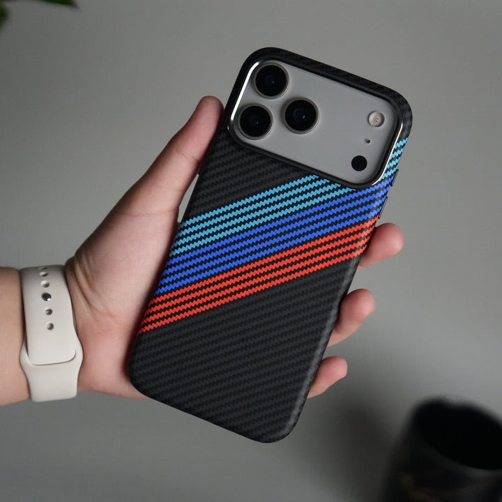 iPhone 17 Pro Max Carbon Fiber Texture Design Hard Pc MagSafe Case Cover (Cross Blue Red)