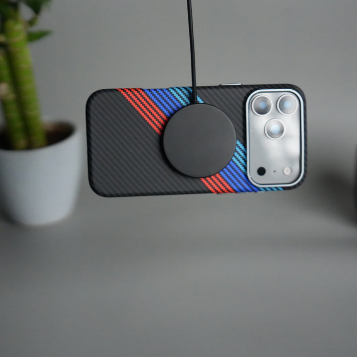 iPhone 17 Pro Max Carbon Fiber Texture Design Hard Pc MagSafe Case Cover (Cross Blue Red)