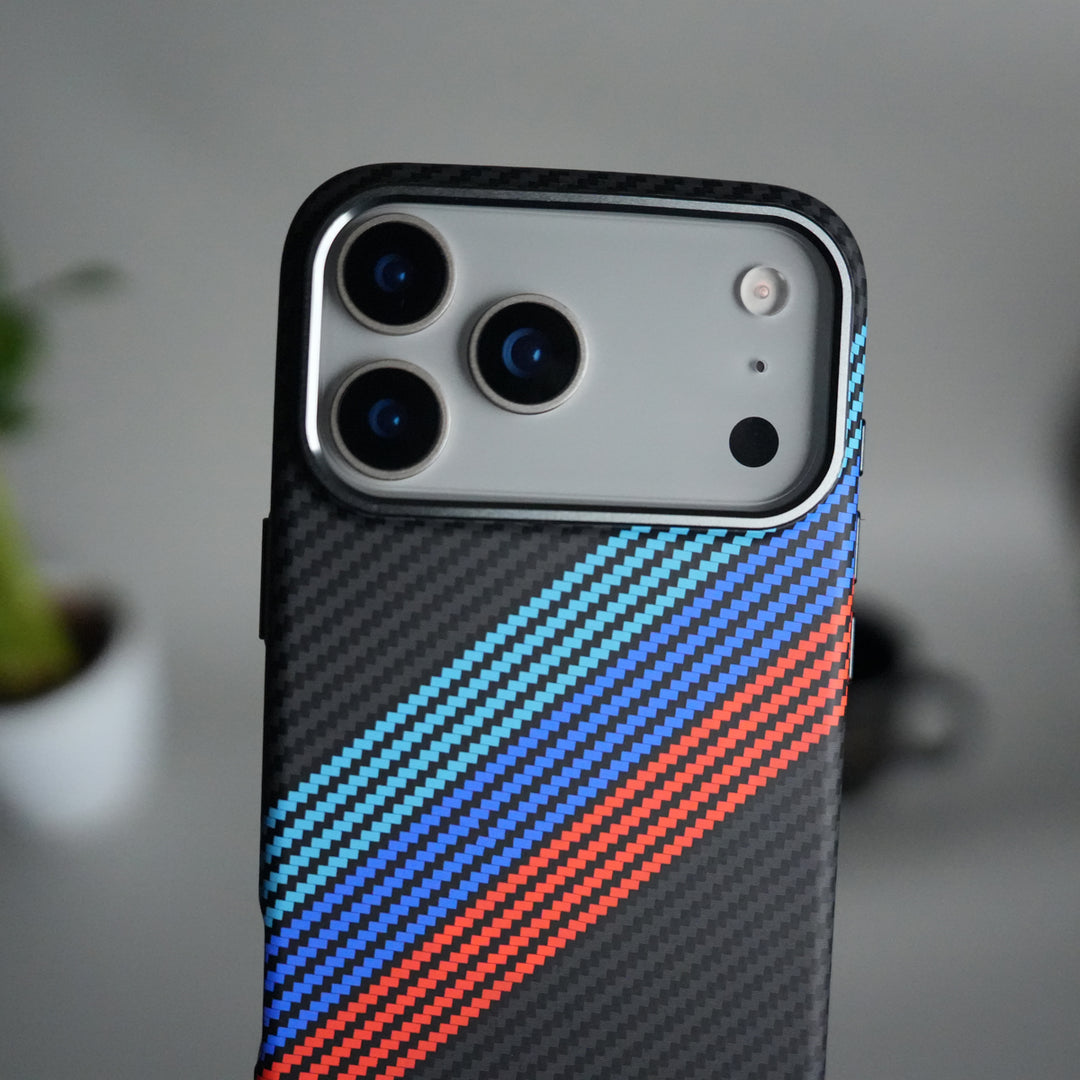 iPhone 17 Pro Max Carbon Fiber Texture Design Hard Pc MagSafe Case Cover (Cross Blue Red)