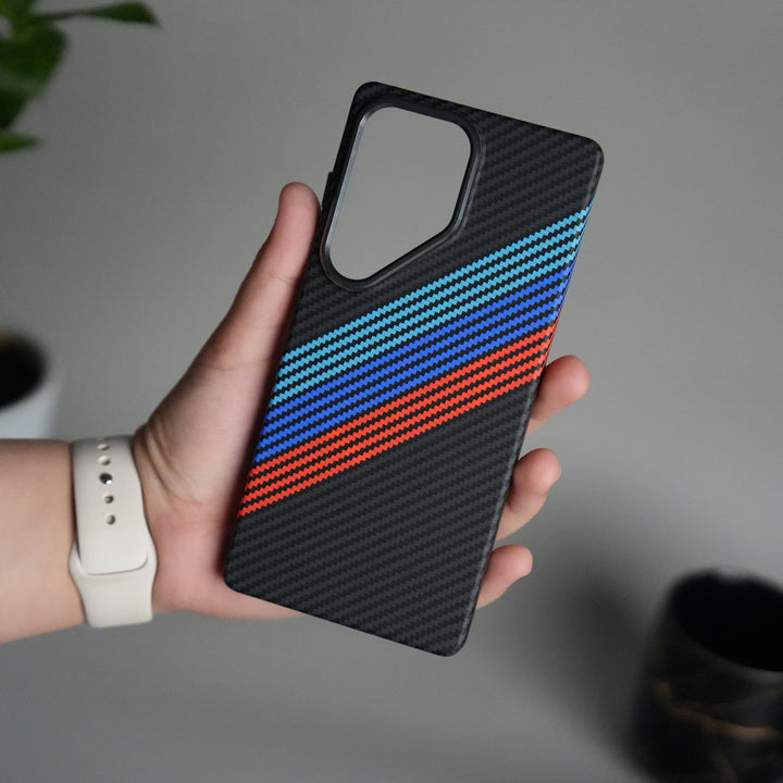 Galaxy S25 Ultra Carbon Fiber Texture Design Hard Pc MagSafe Case Cover (Cross Blue Red)