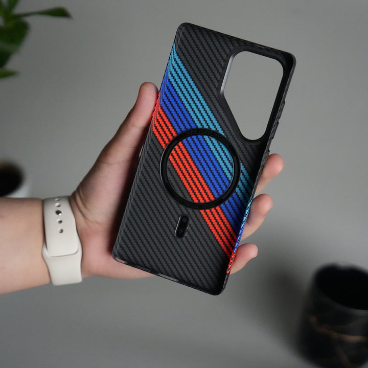 Galaxy S25 Ultra Carbon Fiber Texture Design Hard Pc MagSafe Case Cover (Cross Blue Red)