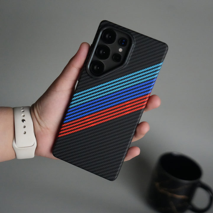 Galaxy S25 Ultra Carbon Fiber Texture Design Hard Pc MagSafe Case Cover (Cross Blue Red)