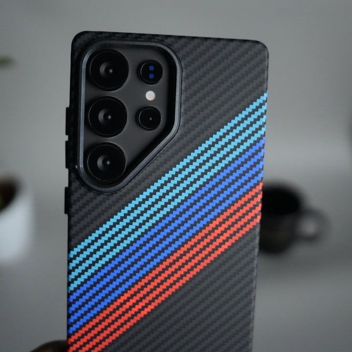 Galaxy S25 Ultra Carbon Fiber Texture Design Hard Pc MagSafe Case Cover (Cross Blue Red)