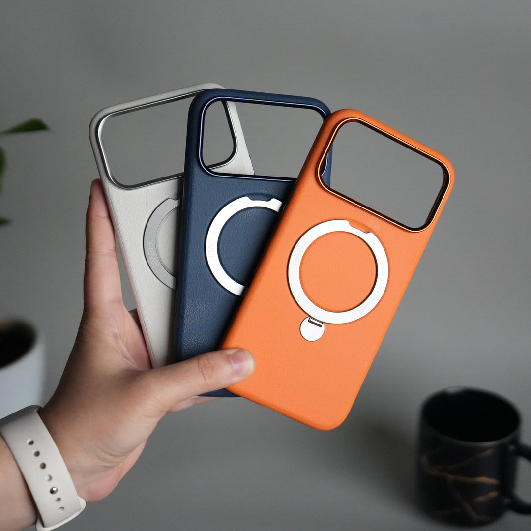 iPhone 17 Pro Max Premium Leather Kickstand Case | Metal Ring Stand | Shockproof Back Cover